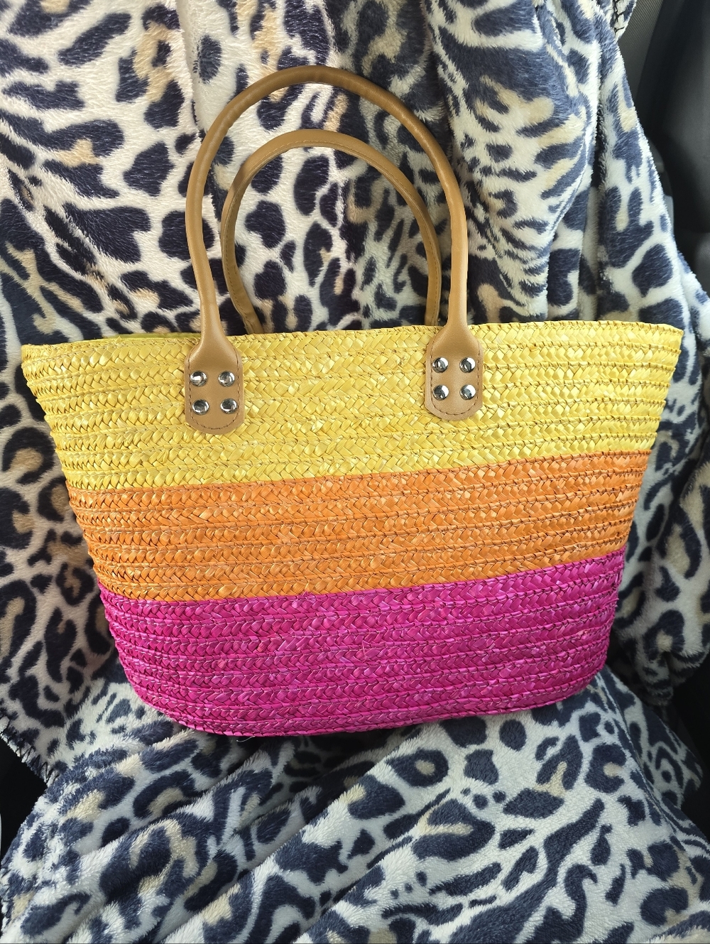 Bright Striped Straw Tote Bag in Yellow, Orange & Pink